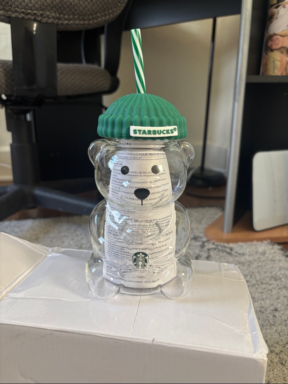 Starbucks Clear Bear Cup with Green Beanie Lid and Green-White Straw